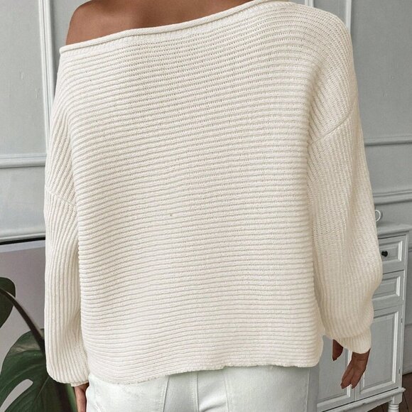 Beige Casual Women's Asymmetrical Neckline Sweater Pullover - Picture 2 of 6